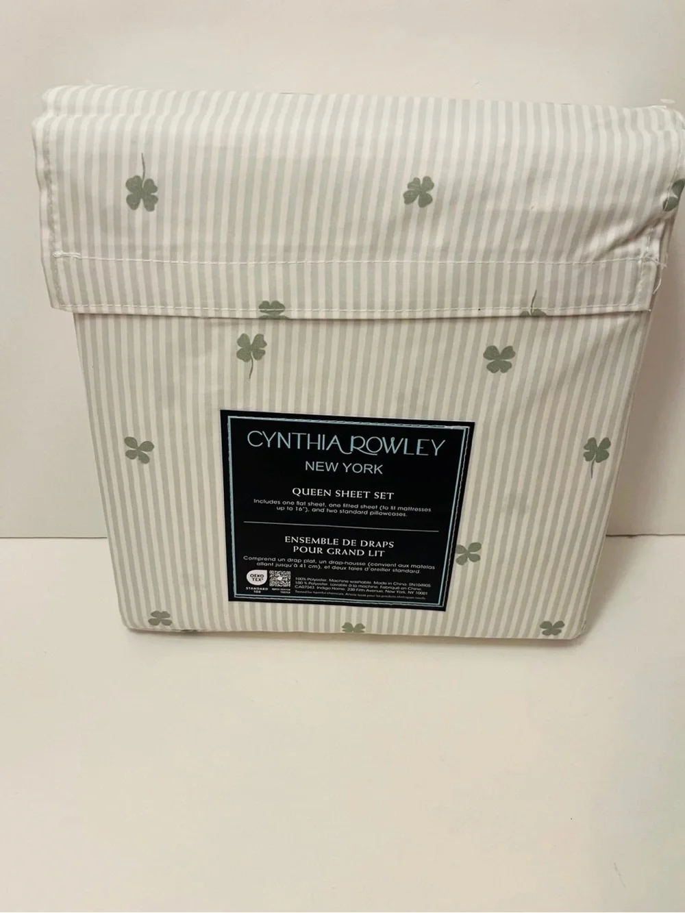 Cynthia Rowley Stripe Shamrock Queen Sheet Set Green White Irish St. Patrick